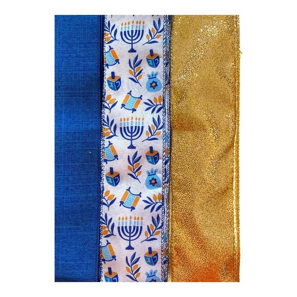 Hanukkah Ribbon & Sign Craft Bundle | Blue Gold Menorah Doves DIY Wreath Kit - Picture 4 of 6